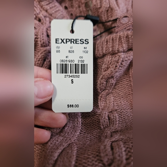 EXPRESS Cable Knit Lace Detail Bell Sleeve Sweater In Mauve Pink. Size Small NWT - Picture 4 of 14